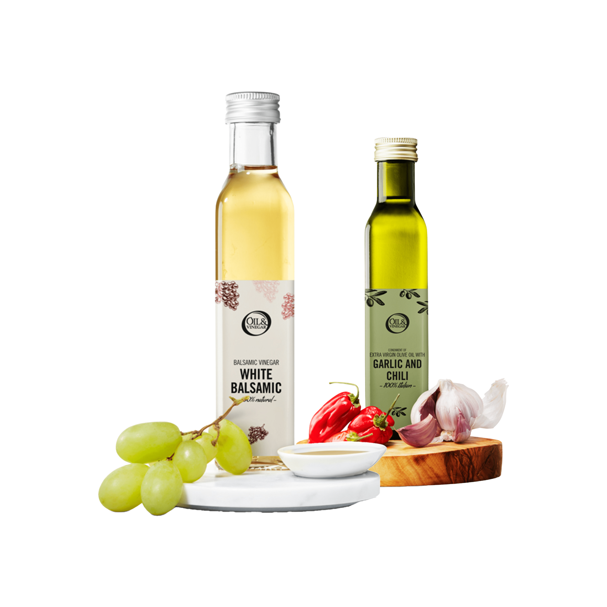 Witte Balsamicoazijn & Extra vierge olijfolie met knoflook-chili - 2x250ml